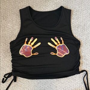 Black Crop Top with Colorful Handprint Design
